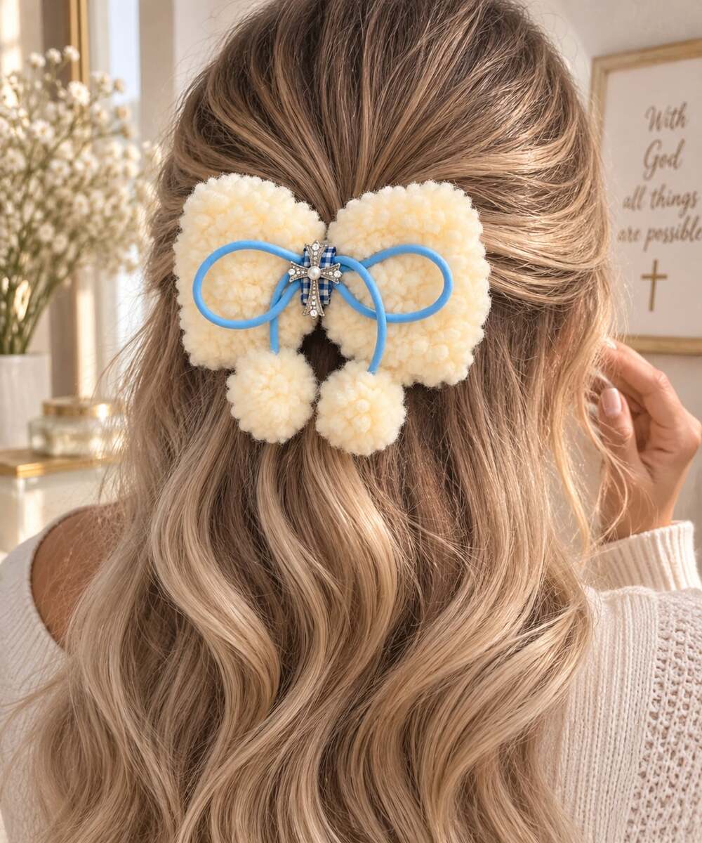 Yellow Fuzzy Bow Hair Clip Blue Coquette